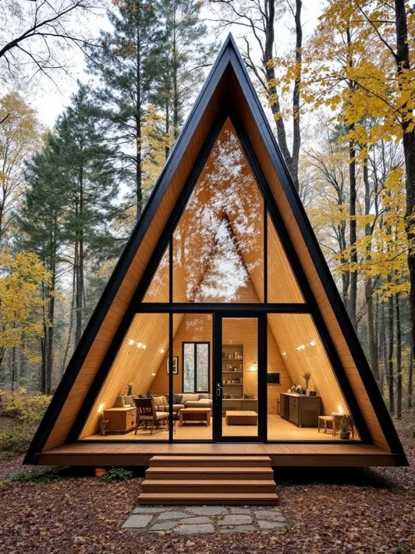 Chalé A-frame moderno com vidro na floresta de outono