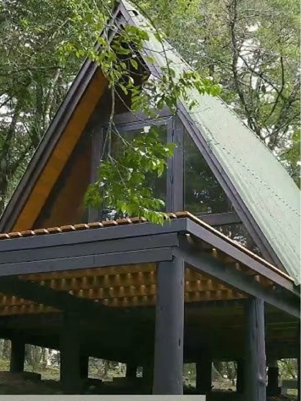 Chalé elevado com estrutura metálica na floresta