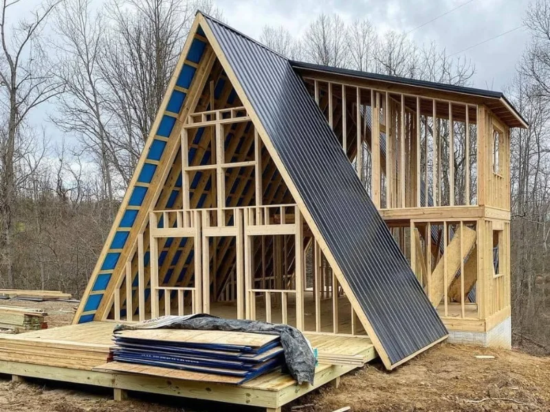 Cabaña rústica en construcción con estructura de madera