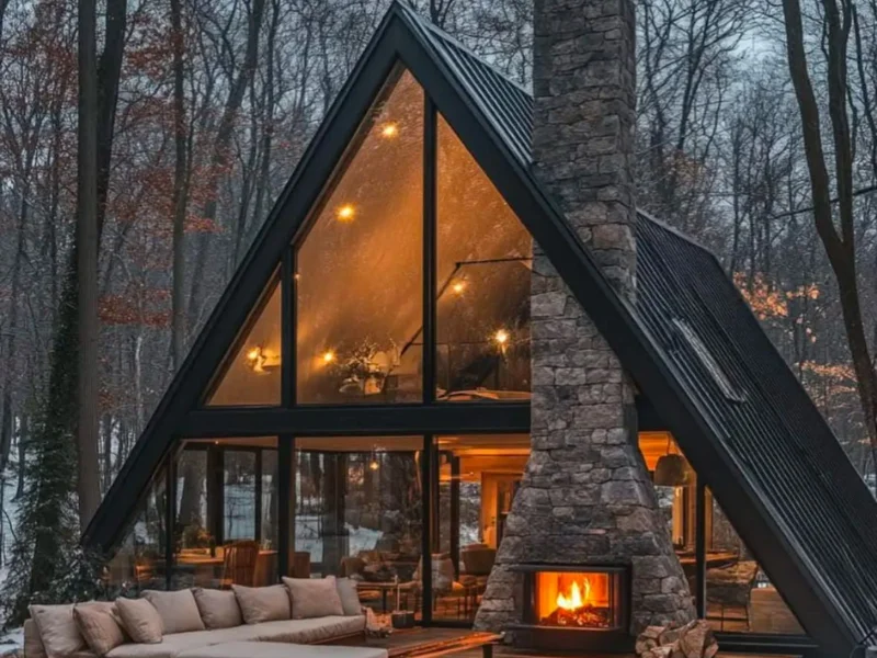 Cabaña de vidrio moderna con chimenea de piedra